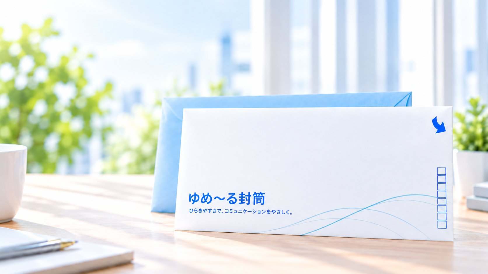 机の上に置かれた白と水色のゆめ～る封筒
