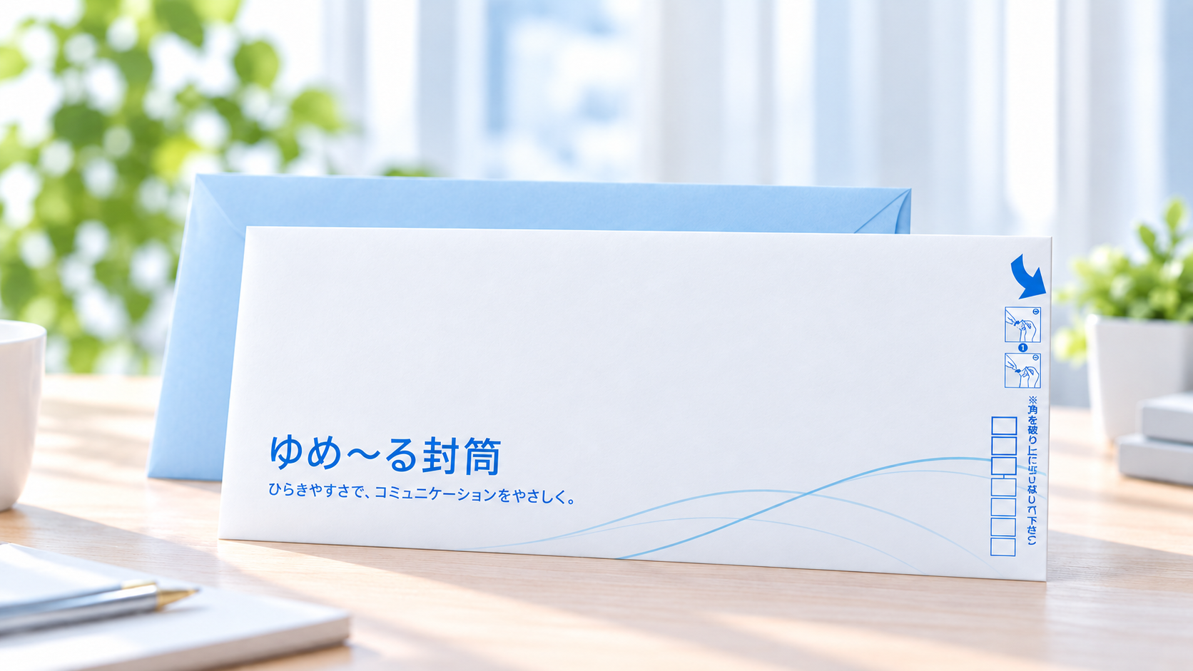 机の上に置かれた白と水色のゆめ～る封筒