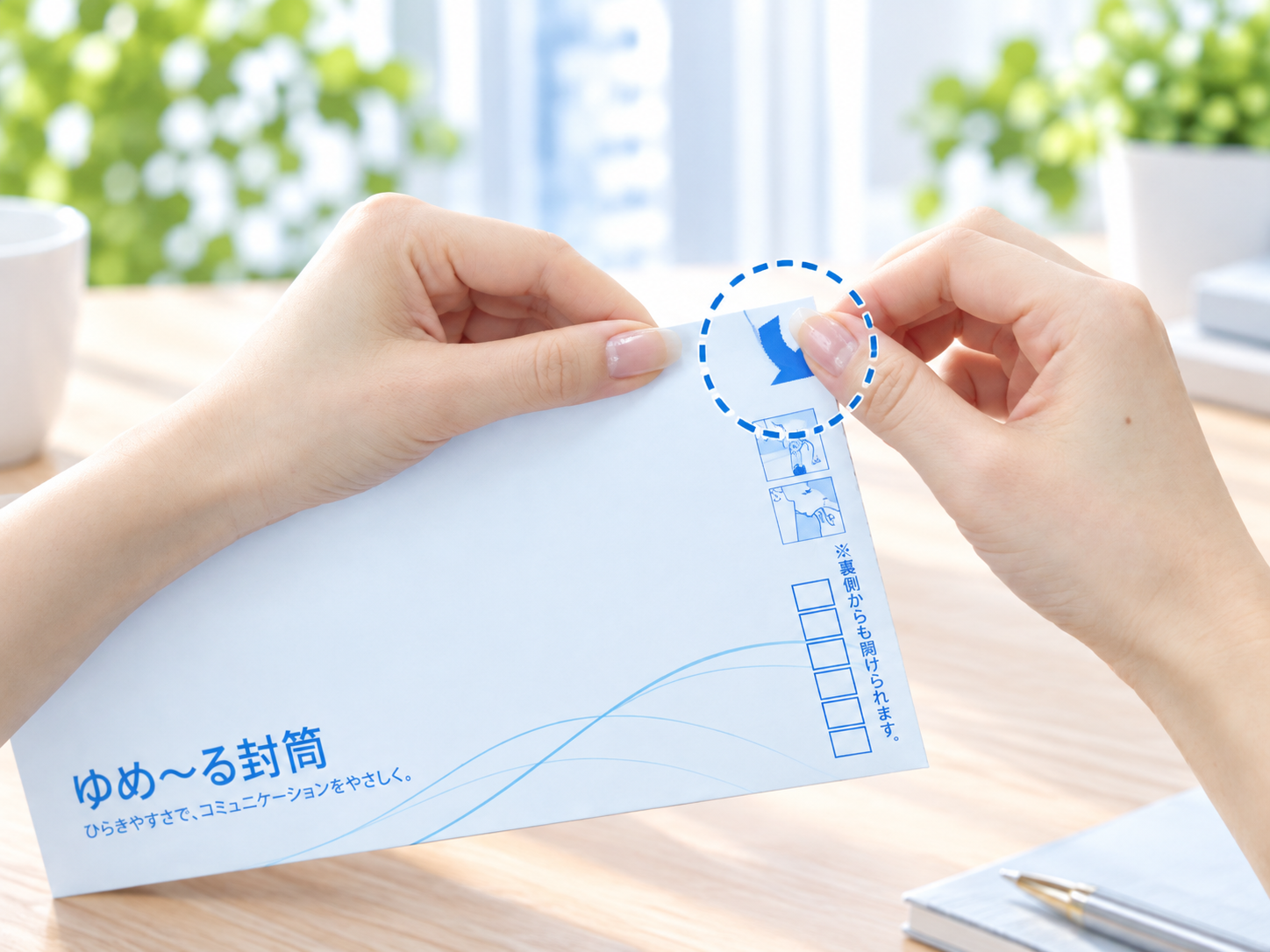 封筒の切り口を見つける様子